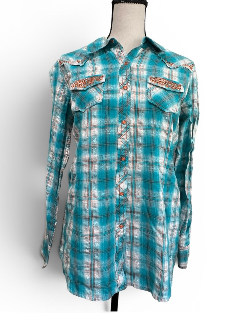Ariat Metallic Plaid Sequin Button Down Western Cowgirl Top Size Medium
